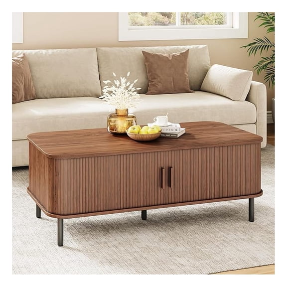 Coffee Table with Storage, 47.2" Century Modern Coffee Tables for Living Room, Rectangle Wood Center Table with Sliding Tambour Door & Adjustable Leg for Living Room, Walnut