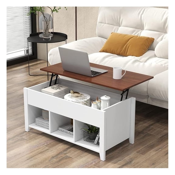 Coffee Table with Storage Compartment, Display Shelves, Lift for Living Room, Bedroom, Home&Office Furniture Central Table Lift Top Tea Dining Table (White+Brown)