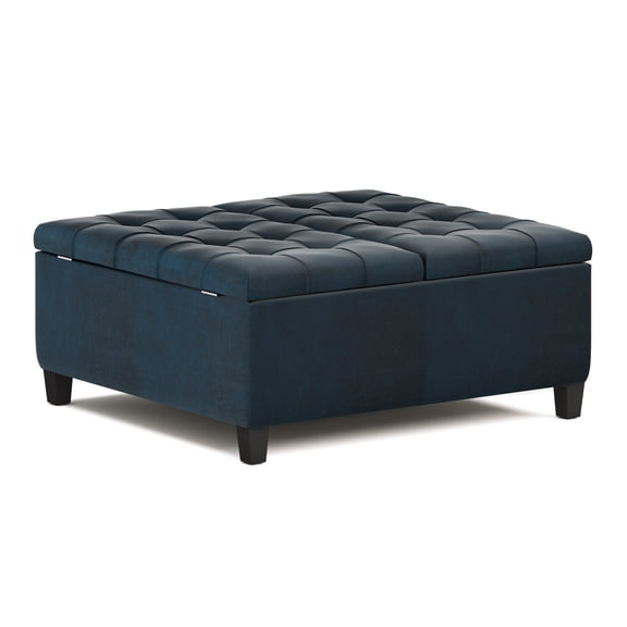 Coffee Table Storage Ottoman " Wide Transitional Design " 36 x 36 x 16.5 Inches " Dark Blue Vegan Leather