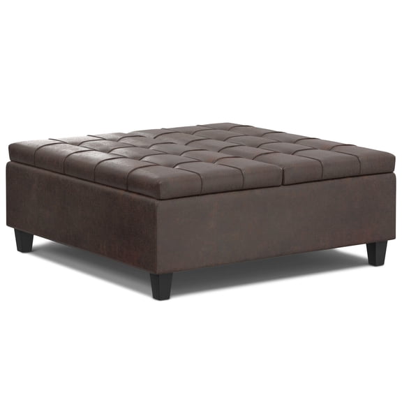 Coffee Table Storage Ottoman - Wide Transitional Design - 40" x 40" x 16.5" - Distressed Brown