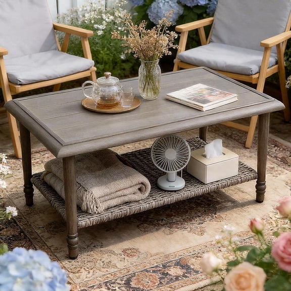 Coffee Table with Storage, PE Rattan Top & Durable Frame, Outdoor Coffee Table Rectangular, Outdoor Patio Table for Balcony Porch Garden Supports 200 lbs, Handwoven Rectangle Design(42 x 23 x 18)