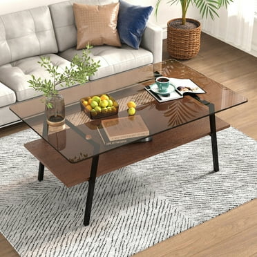 Coffee Table with Storage Shelf, 2-Tier Rectangle Coffee Table with Black Metal Legs, Coffee Tables with Tempered Glass Tabletop, Modern Table for Living Room Bed Room Apartment, Brown