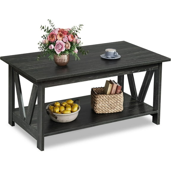 Coffee Table with Storage Shelf, Farmhouse Coffee Table with V-Frame Support, 2-Tier Wood Rustic Center Table for Living Room, Bedroom & Balcony