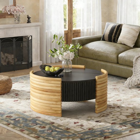 Coffee Table Storage Wood Natural Brown Colorblocked Striped Flip Top Finish