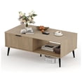 thumbnail image 1 of Coffee Table with Storage, Wooden Coffee Tables with Sliding Door and Solid Wood Legs, 2-Tier Cocktail Table, Mid Century Modern Coffee Table for Living Room, Home, Office, Farmhouse, 1 of 8