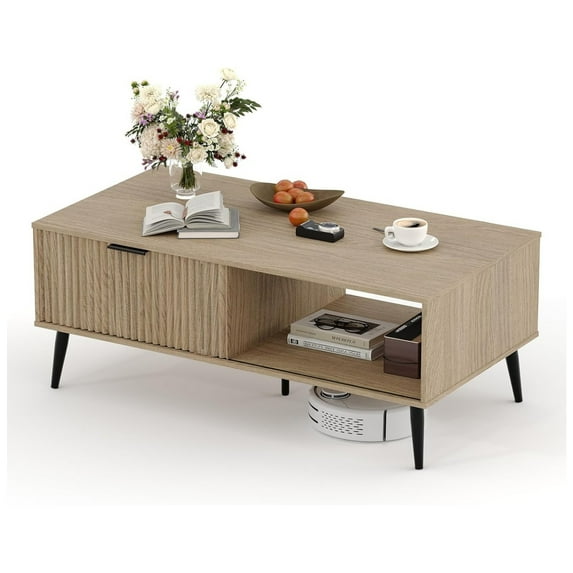 Coffee Table with Storage, Wooden Coffee Tables with Sliding Door and Solid Wood Legs, 2-Tier Cocktail Table, Mid Century Modern Coffee Table for Living Room, Home, Office, Farmhouse