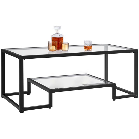 Coffee Table, Tempered Glass Coffee Table for Living Room, Modern Simple Center Table with Open Storage Shelf and Metal Frame, Easy Assembly, Office, Black
