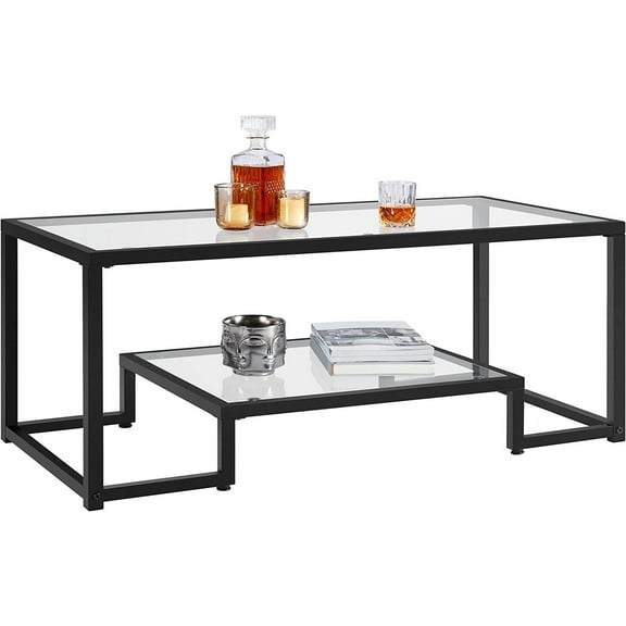 Coffee Table, Tempered Glass Coffee Table, Modern Simple Center Tables w/Geometric-Inspired Design & Metal-Frame & Easy Assembly & Open Storage Shelf for Living Room, Office, Black