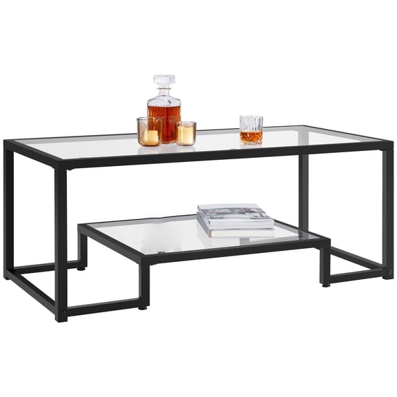 Coffee Table, Tempered Glass Coffee Table with Open Storage Shelf, Modern Simple Center Table Geometric Metal Frame, Easy Assembly for Living Room, Kitchen, Office, Black