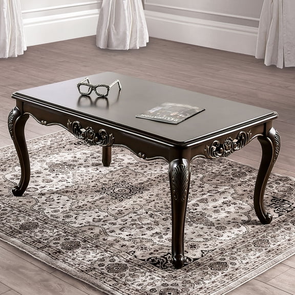 Coffee Table, Traditional Solid Wood and Veneer with Carved Detailing and Cabriole Legs, Java Brown Finish, Living Room Center Table, 48"W x 28"D x 19"H, Elegant Classic Design