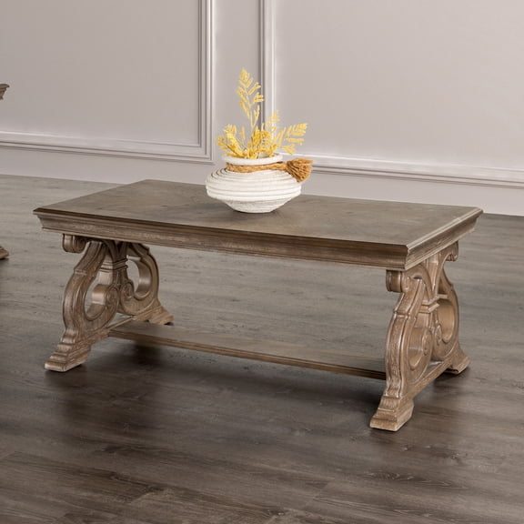 Coffee Table, Traditional Solid Wood and Veneer Living Room Table with Carved Scroll Legs, Weathered Oak Finish, Large Rectangular Center Table, 52"W x 28"D x 20"H, Classic Design