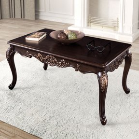 Coffee Table, Traditional Solid Wood and Wood Veneer Rectangle Living Room Table with Carved Details, Gold Highlights, Cabriole Legs, Dark Cherry Finish, 52"W x 30.5"D x 19"H
