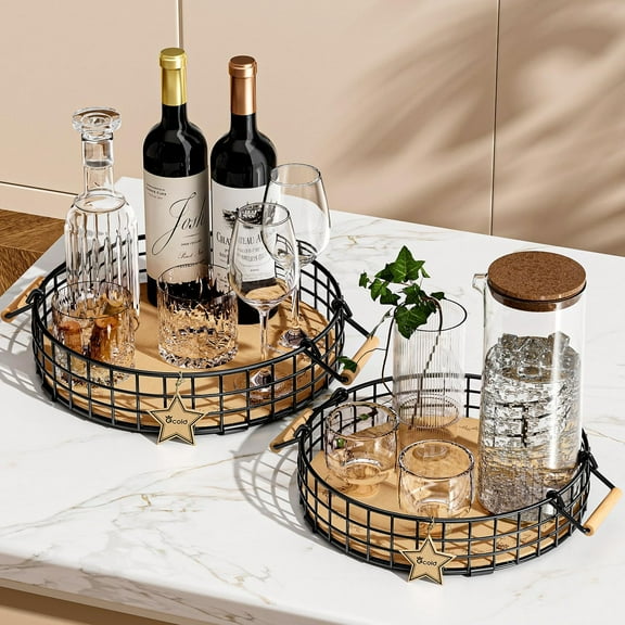 Coffee Table Tray, 2 Pack Metal Basket Tray for Organizer and Storage, Round Serving Trays with Wooden Handle for Breakfast, Wine, Tea, Food, Butler - Countertop, Kitchen, Home Centerpiece