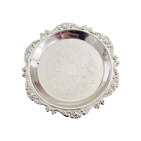 Coffee Table Tray, Round Decorative Tray Vintage Metal Dessert Plates for Snacks Fruit,Carved Smooth Edge Multi-Functional Serving Platter for Snacks Fruits Dessert Tea Cup Jewelry Storage,Silver