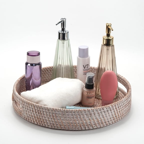 Coffee Table Tray Round Rattan Ottoman Tray Woven Serving Trays with Handles for Home and Kitchen Decorative Whitewash (Large 16.9 inch)