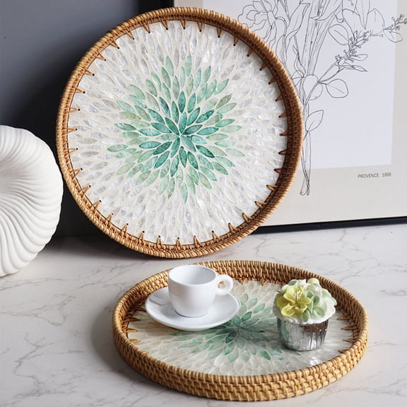 Coffee Table Tray Round Rattan Tray with Mother of Pearl Inlay Handmade Serving Woven Tray for Kitchen Living Decor, Storage,2Pcs
