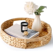 Coffee Table Tray, Round Serving Tray for Living Room, Wicker Serving Trays with Built-in Handles for Home and Kitchen Decorative Natural Large 14.6 inch x 3 inch
