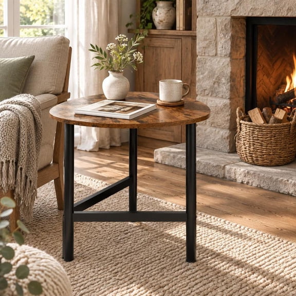 Coffee Table, Triangle Shape, Oval Center Design, Metal Legs, Rustic Brown, Industrial Style