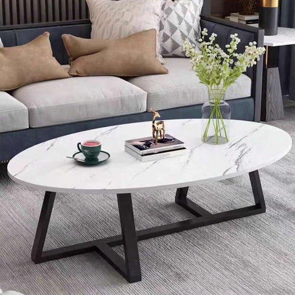Coffee Table White Faux Marble Coffee Table For Living Room,Oval Modern Center Table Tea Table For Small Space,Wooden Living Room Tables End Table With Sturdy Black Metal Leg