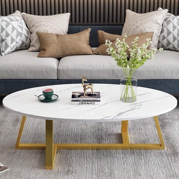 Coffee Table White Faux Marble Coffee Table For Living Room,Oval Modern Center Table Tea Table For Small Space,Wooden Living Room Tables End Table With Sturdy Gold Metal Leg