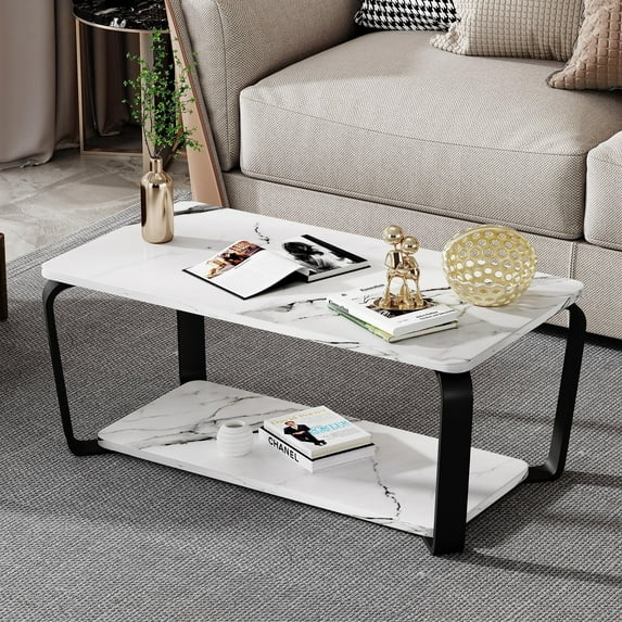 Coffee Table, White Faux Marble Coffee Table with Storage Shelf, Rectangle 2-Tier Center Table for Small Apartment Living Room