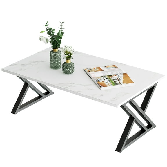 Coffee Table White Living Room Center Table, Simple Modern Faux Marble Rectangular Tea Table with Sturdy Black Metal Frame,Industrial Wooden Coffee Table for Bedroom Home Office
