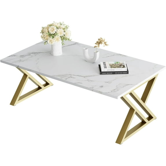 Coffee Table - White Living Room Center Table, Simple Modern Faux Marble Rectangular Tea Table With Sturdy Gold-Finished Metal Frame, Industrial Wooden for Bedroom Home Office