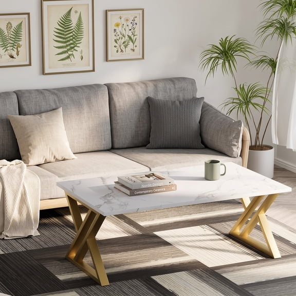 Coffee Table White Living Room Center Table, Simple Modern Faux Marble Rectangular Tea Table with Sturdy Black Metal Frame