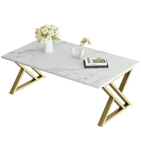 Coffee Table White Living Room Center Table, Simple Modern Faux Marble Rectangular Tea Table with Sturdy Black Metal Frame