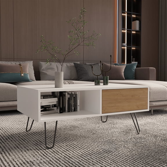 Coffee Table With 1 Drawer & Shelf, White And Natural Oak, Enhances Living Room Beauty Oak Table, Keeps In