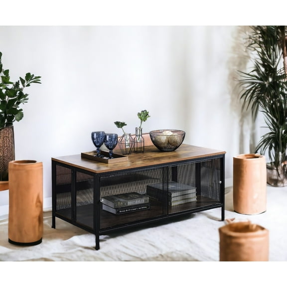 Coffee Table With Antique Oak Veneer And Black Metal Mesh Base For Storage Foldable Compartment