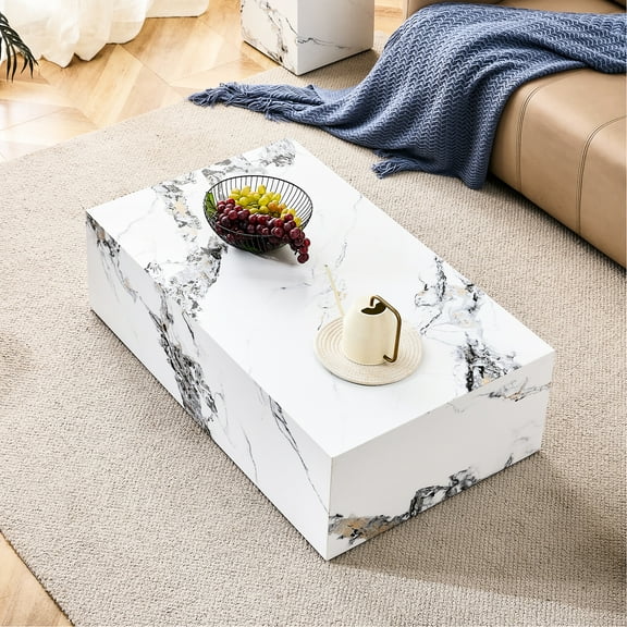 Coffee Table With Marble Pattern, 39.22x23.44x11.7 Inches, White, Elegant And Stylish Table, Enticement,