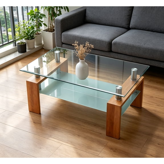Coffee Table with Wood Tube Legs, Rectangle Glass Coffee Table Modern End Table, Side End Table with Lower Shelf for Living Room, Guest Reception Room, Oak Color