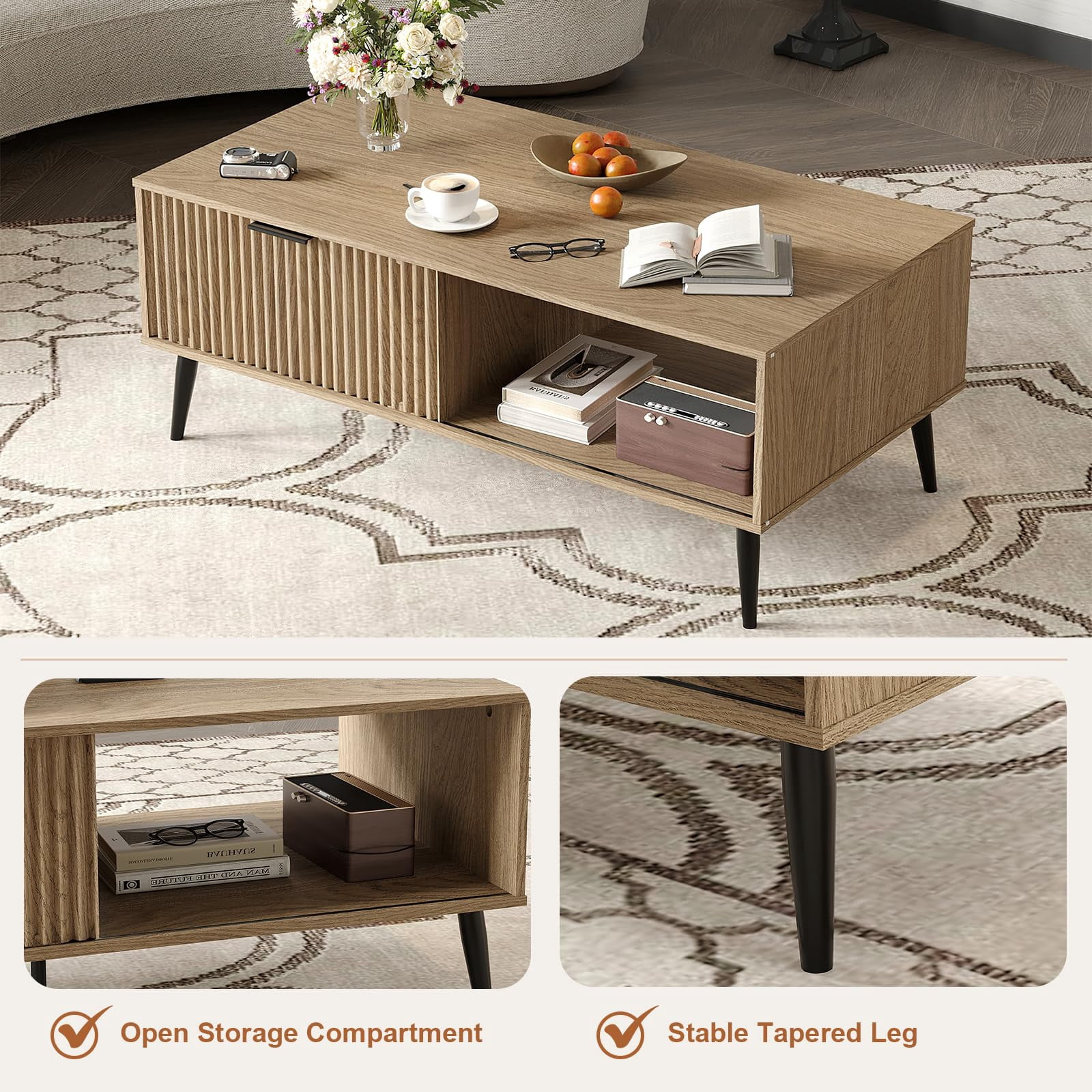 Coffee Table,Wooden Coffee Table with Storage Cabinet, Two-Tier Design ...