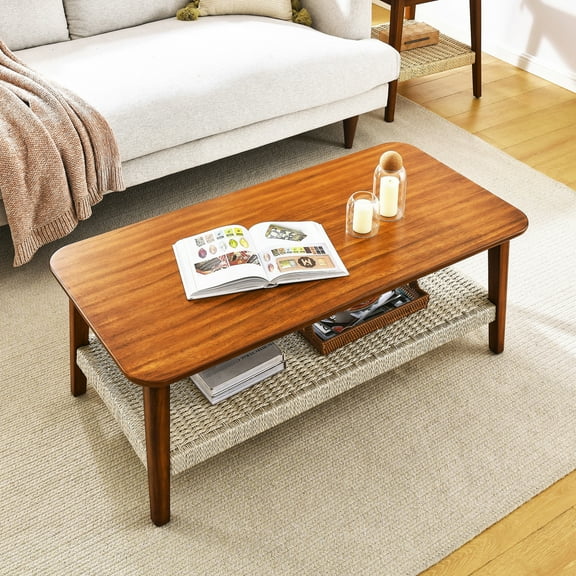 Coffee Table With Woven Shelf. Mid-century Style, . Wood For Bedroom, Home. Quality Materials 47.25" Storage. Wood, Style. Low Rectangle Patio. Smooth Surface