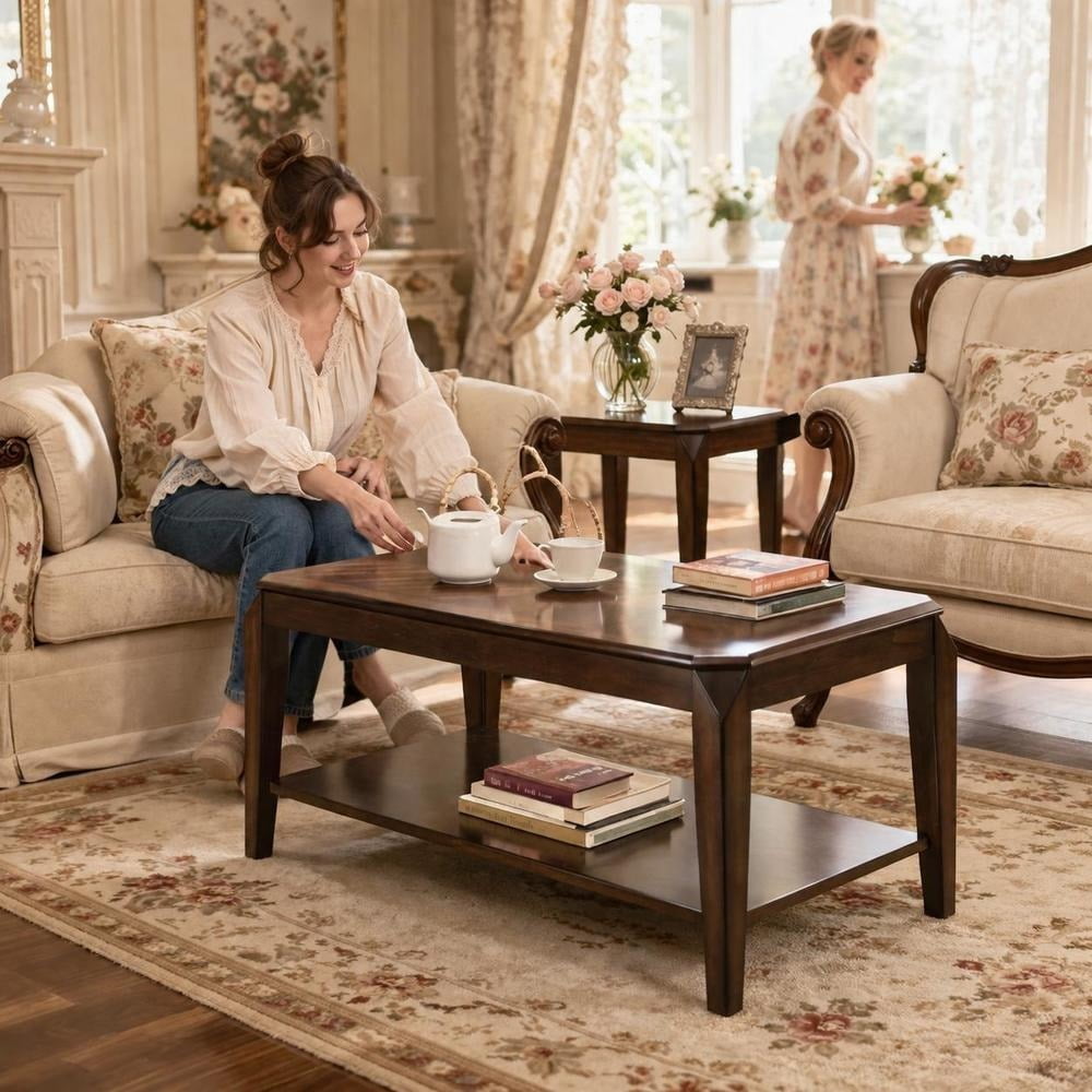 Coffee Table and End Table Set, walnut finish, parquet top, with shelf ...