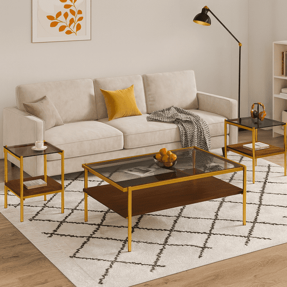 Coffee Table and End tables Set of 3, Tempered Glass Table with MDF layer, Modern Tables for Living Room , Gray Glass