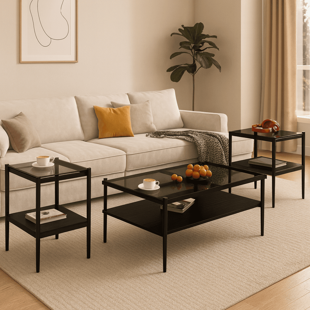 Coffee Table and End tables Set of 3, Tempered Glass Table with MDF ...