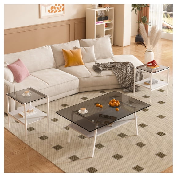 Coffee Table and End tables Set of 3, Tempered Glass Table with MDF layer, Modern Tables for Living Room , Gray Glass