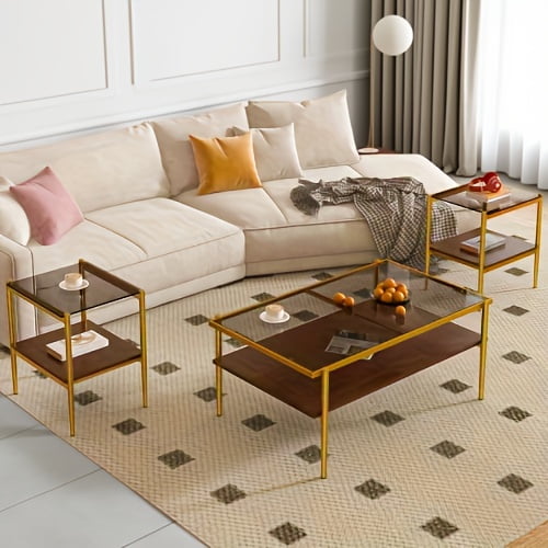 Coffee Table and End tables Set of 3, Tempered Glass Table with MDF layer, Modern Tables for Living Room , Gray Glass