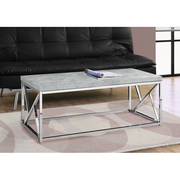 Coffee Table for Living Room - 48"l Grey Laminate, Rectangular, Chrome Metal Base, Modern Industrial Grey Cement-Look Top