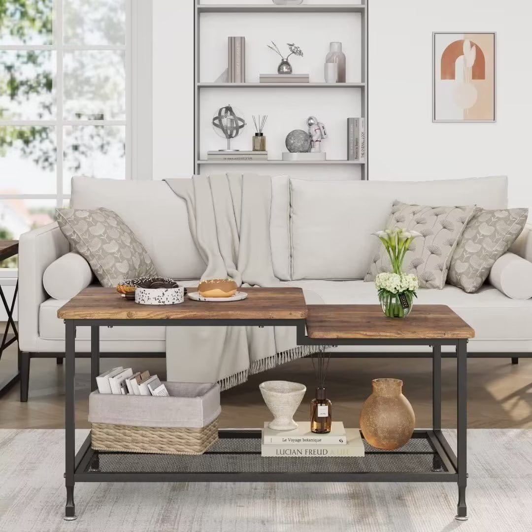 Coffee Table for Living Room High and Low Tabletop Design 2 Tier 39 Modern Industrial Style Rectangular Wood Coffee Table Brown