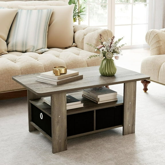 Coffee Table for Living Room, Modern Center Tables with Storage Bin, 2-Tier Coffee Table for Living Room Apartment Home Office Oak Grey/Black.