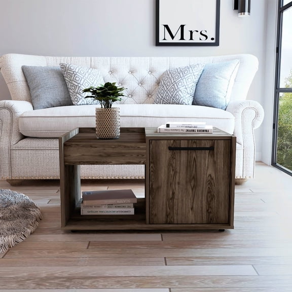 Coffee Table in Dark Walnut Having One Open Shelf and a One-Door Cabinet