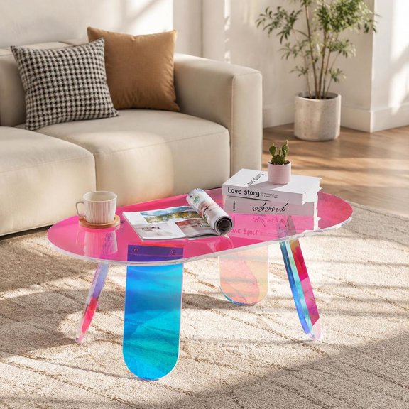 Coffee Table, iridescent acrylic side table, 13.8 inches high, suitable for living room, courtyard, terrace