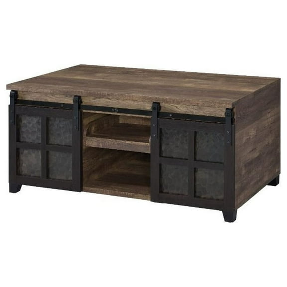 Coffee Table with 2 Barn Sliding Glass Doors and Pull Out Tray Brown - Saltoro Sherpi