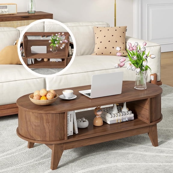 Coffee Table with 2 Hidden Compartment, Wooden Coffee Table with Open Shelf, Center Table for Living Room, Walnut Color