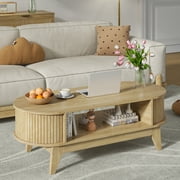 Coffee Table with 2 Hidden Compartment, Wooden Coffee Table with Open Shelf, Center Table for Living Room, Wood Color