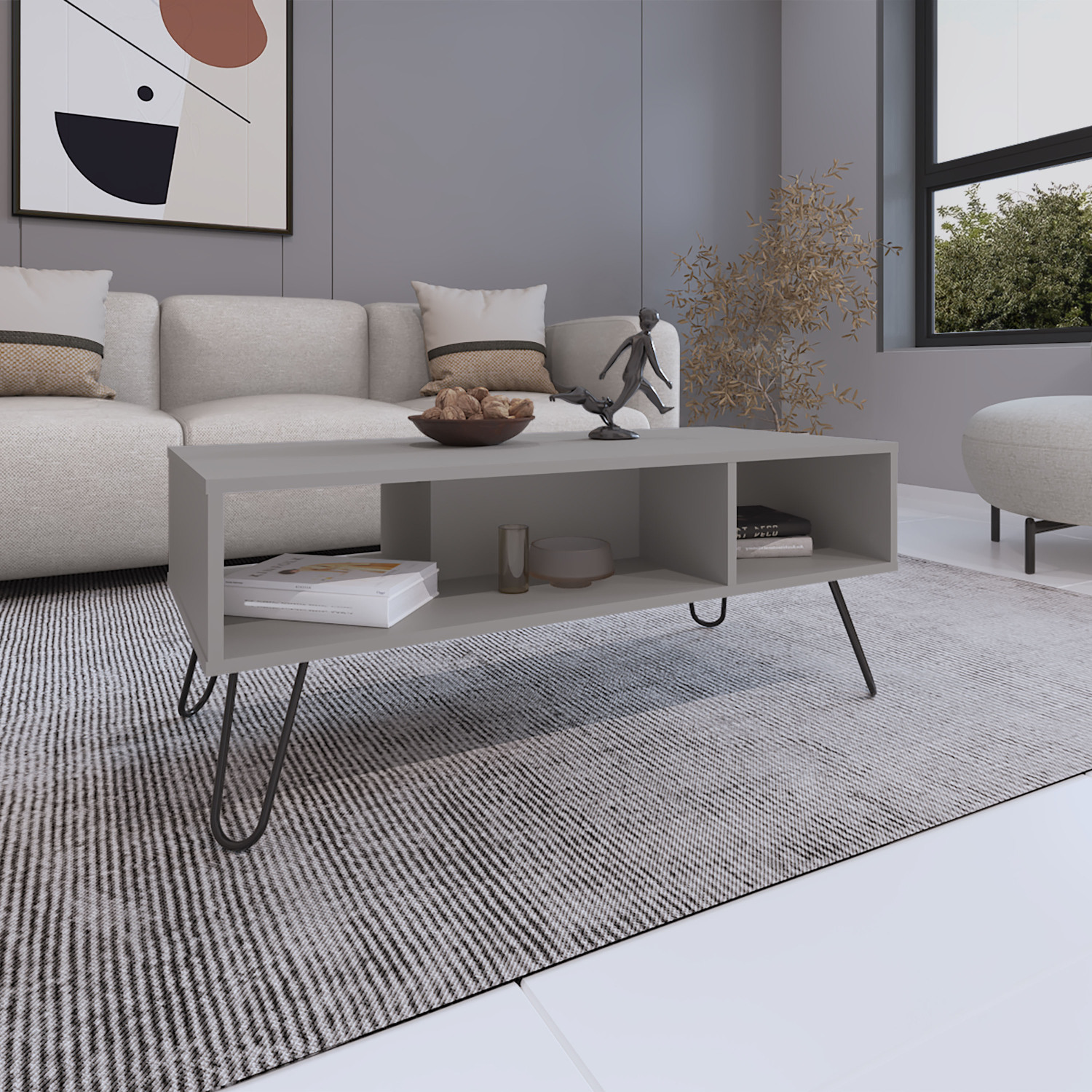 Coffee Table with 2 Shelves, Modern White Finish