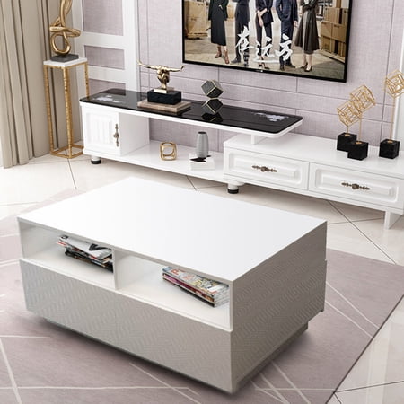 Coffee Table with 4 Storage Drawers and LED Light, Off-White/Black Rectangular High Gloss Coffee Table End Table 33.5” x 22” x 13.8” Black/White